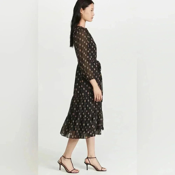 Shoshanna Benson Tiered Long Sleeve Sheer Metallic Chiffon Midi Dress Jet/Bronze - Picture 3 of 12